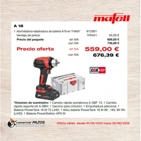 Atornilladora-taladradora de batería A 18 en T-MAX Mafell - 1P0441 - Promoción Mafell - 1