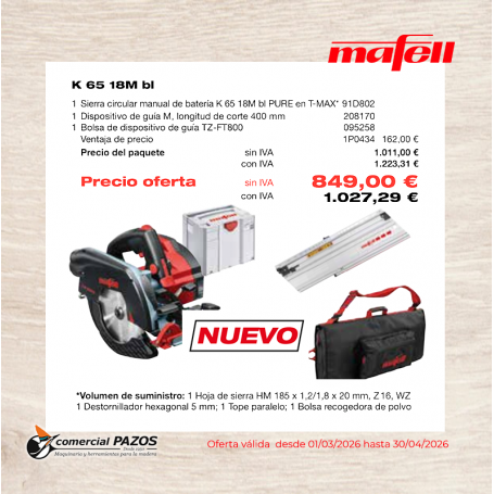 Sierra circular manual de batería K 65 18M bl PURE en T-MAX - 1P0434 - Promoción Mafell